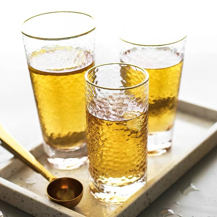 Ribbed Juice Water Drinking Glass Cup With Gold Rim image 2