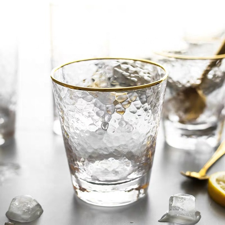 Ribbed Juice Water Drinking Glass Cup With Gold Rim