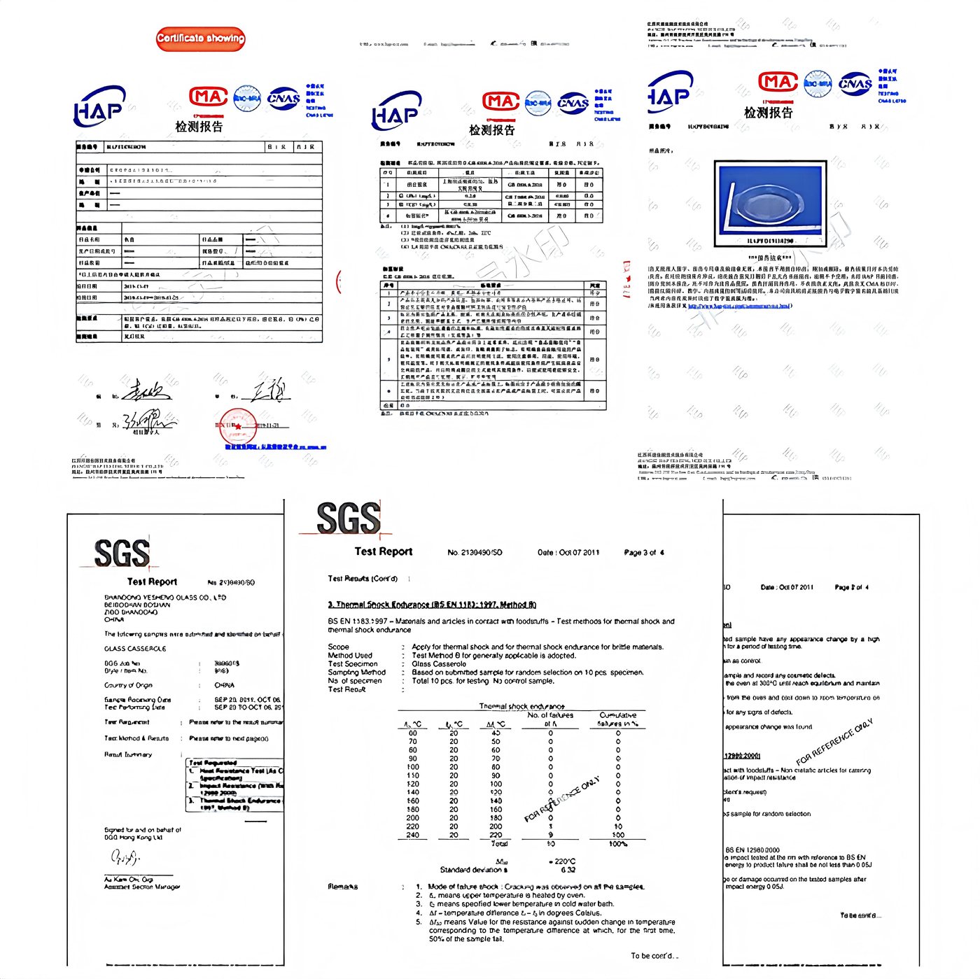 Glassware certificate and test reports